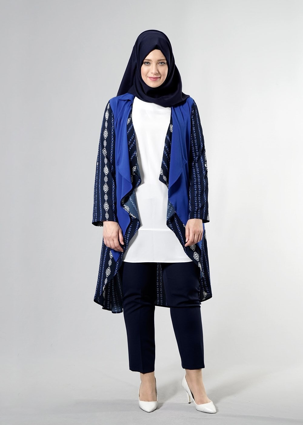 Tesettür giyim LACİVERT T 3782  S_VUP Etnik Desenli Asimetrik Kesim Tunik