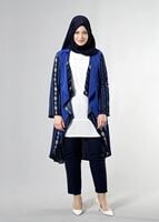 Tesettür giyim LACİVERT T 3782  S_VUP Etnik Desenli Asimetrik Kesim Tunik