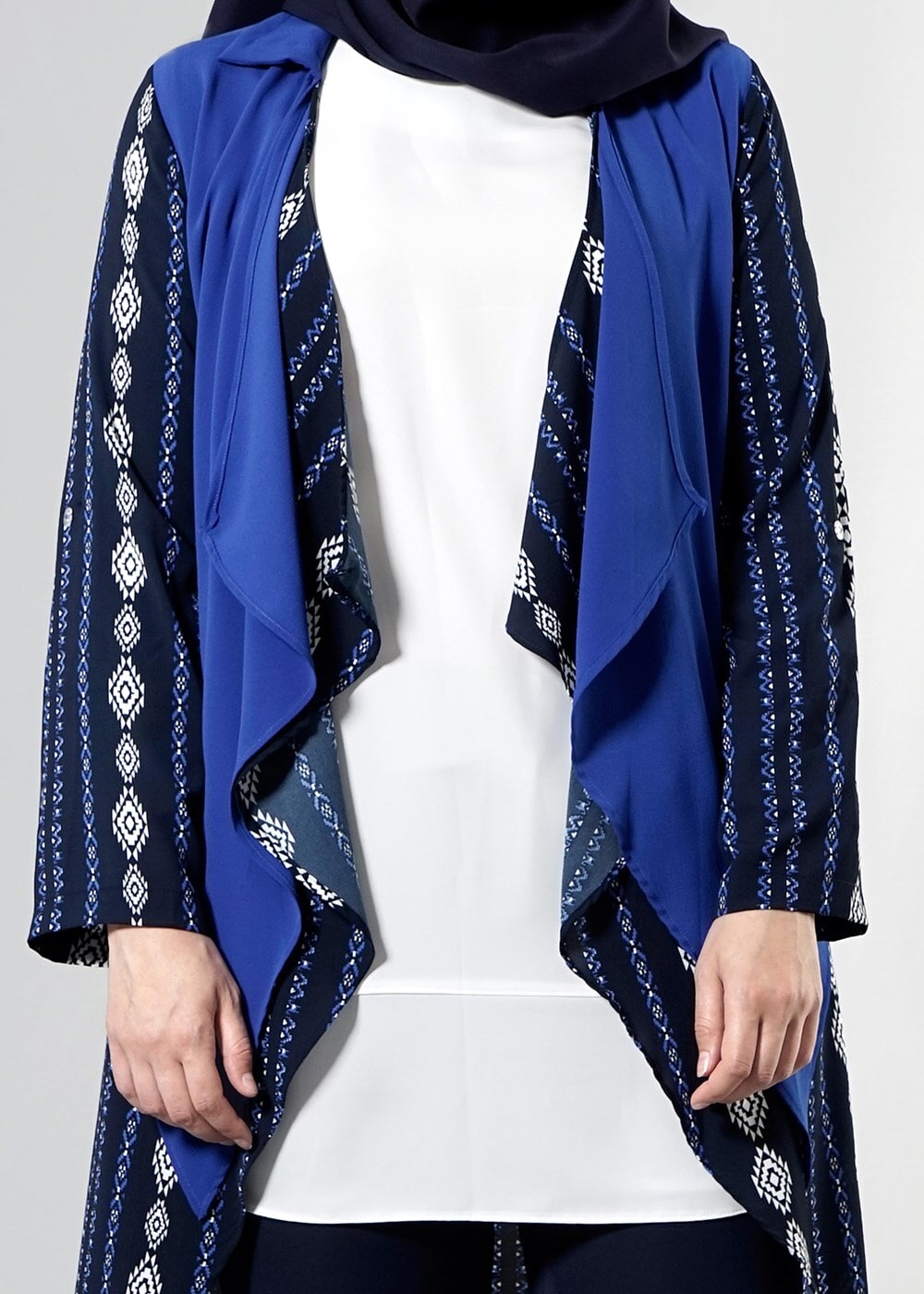 Tesettür giyim LACİVERT T 3782  S_VUP Etnik Desenli Asimetrik Kesim Tunik