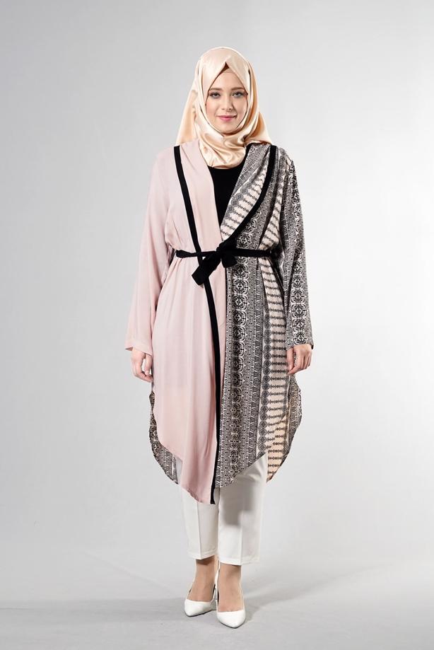 Vêtements hijab POUDRE T 3790 S_VUP  Etnik Desenli Kuşaklı Ceket - TRENDTESETTÜR