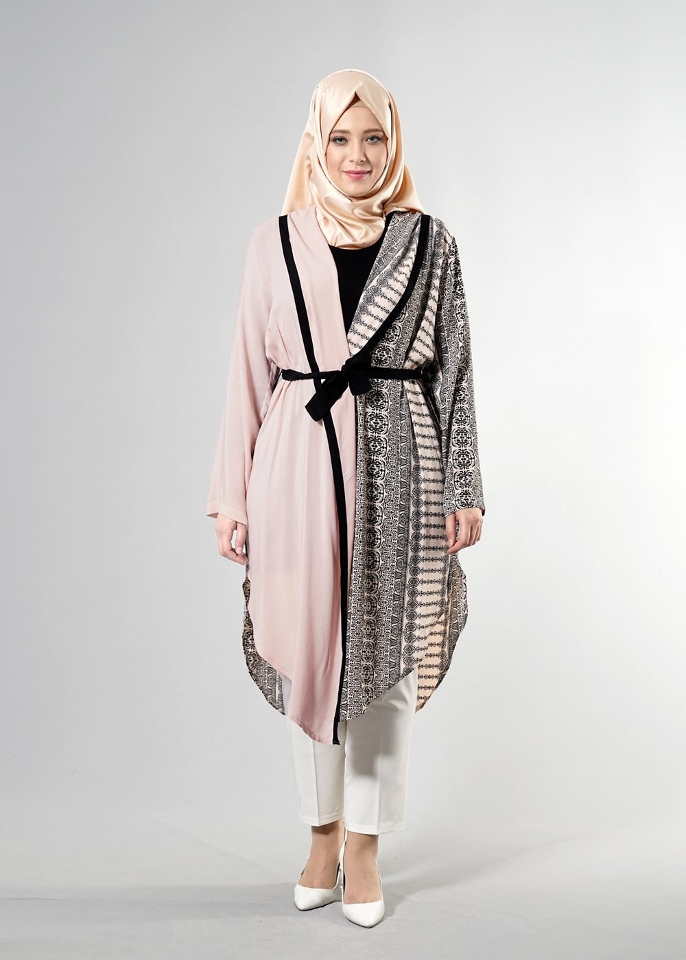 Hijab clothing POWDER T 3790 S_VUP  Etnik Desenli Kuşaklı Ceket