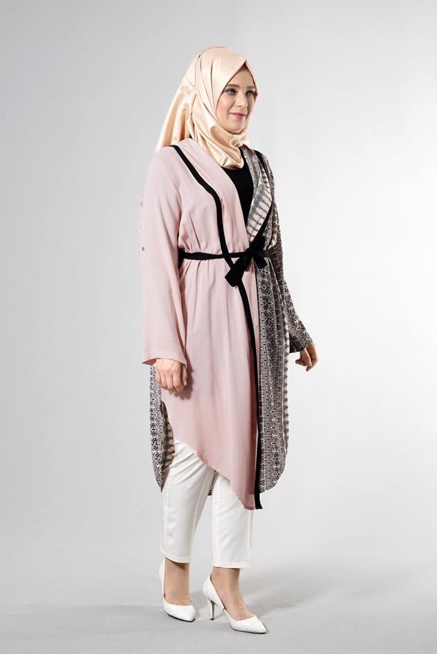 Vêtements hijab POUDRE T 3790 S_VUP  Etnik Desenli Kuşaklı Ceket - TRENDTESETTÜR