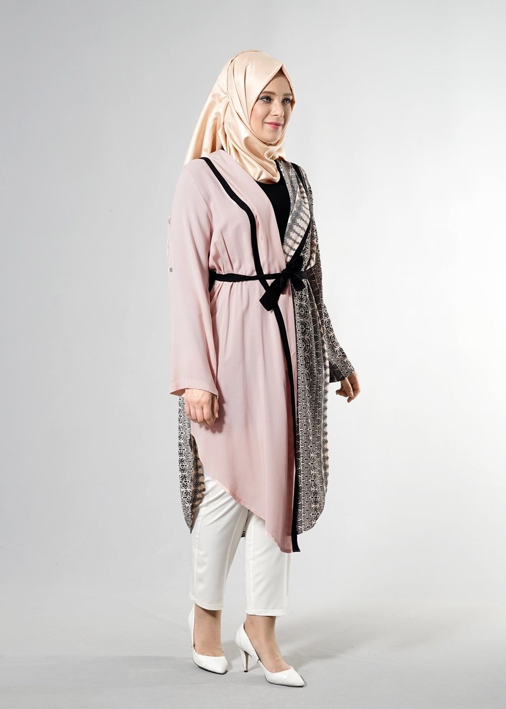 Hijab clothing POWDER T 3790 S_VUP  Etnik Desenli Kuşaklı Ceket