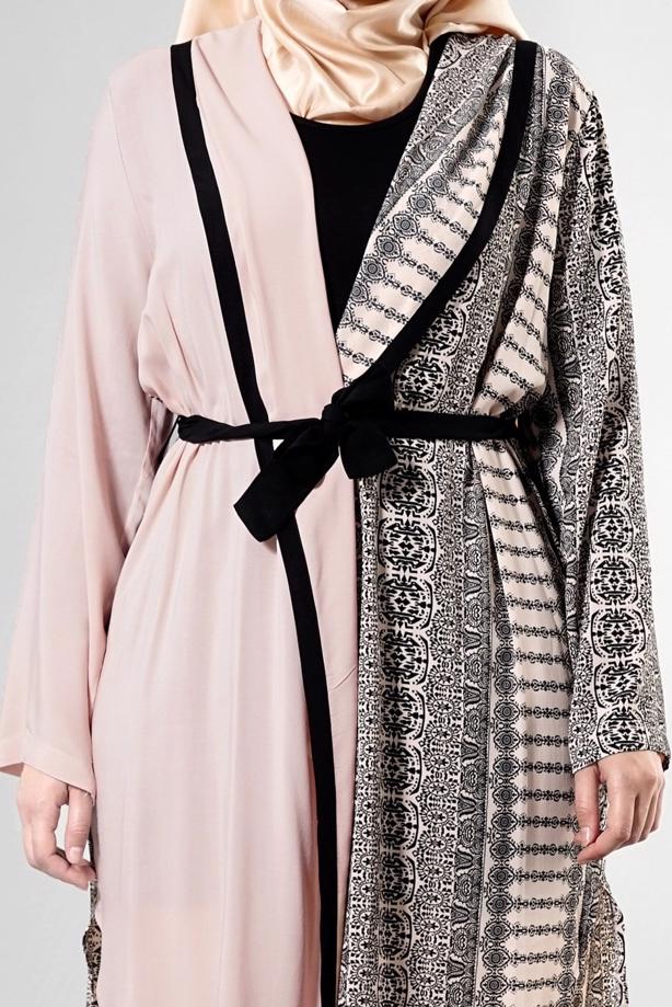 Vêtements hijab POUDRE T 3790 S_VUP  Etnik Desenli Kuşaklı Ceket - TRENDTESETTÜR