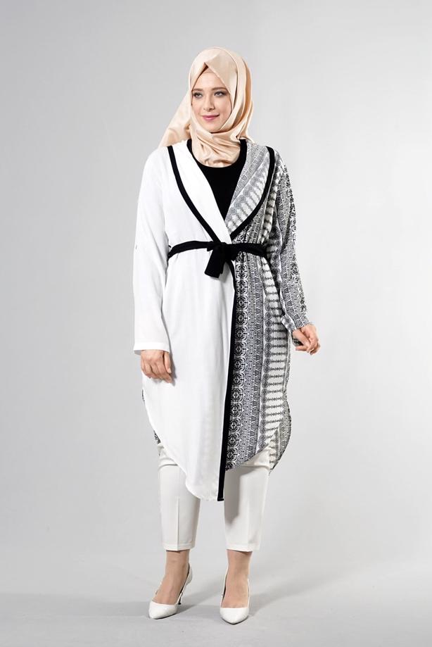 Vêtements hijab CRÈME T 3790 S_VUP  Etnik Desenli Kuşaklı Ceket - TRENDTESETTÜR