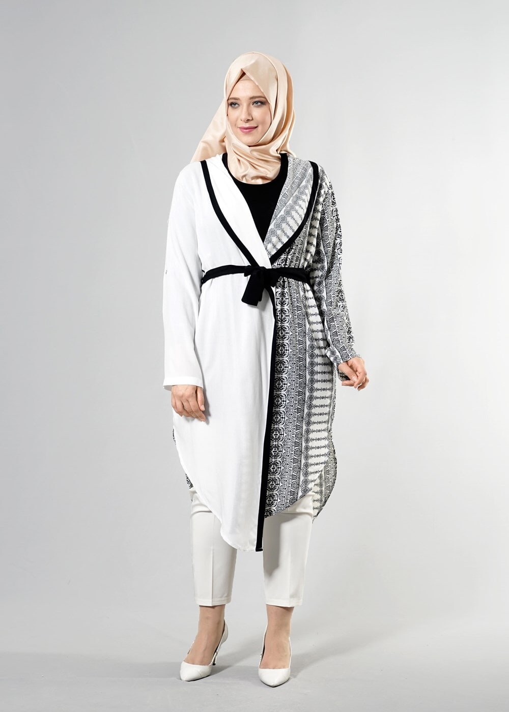 Vêtements hijab CRÈME T 3790 S_VUP  Etnik Desenli Kuşaklı Ceket