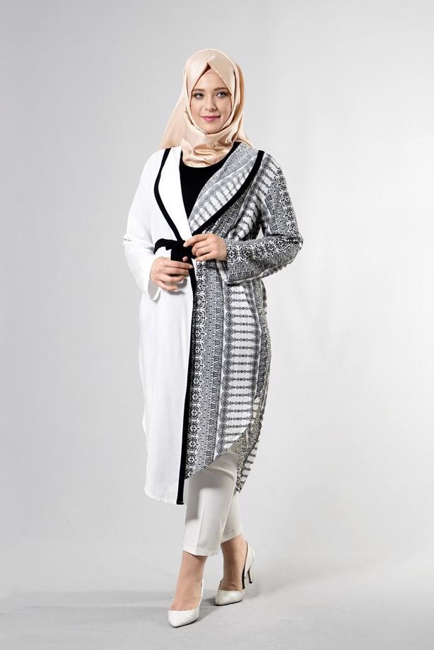 Vêtements hijab CRÈME T 3790 S_VUP  Etnik Desenli Kuşaklı Ceket - TRENDTESETTÜR