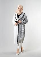 Vêtements hijab CRÈME T 3790 S_VUP  Etnik Desenli Kuşaklı Ceket