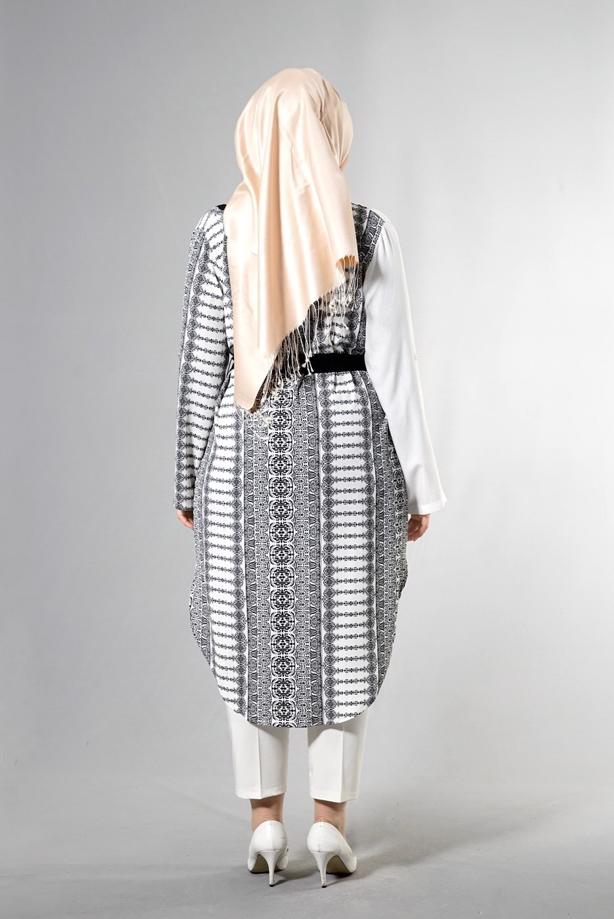 Vêtements hijab CRÈME T 3790 S_VUP  Etnik Desenli Kuşaklı Ceket - TRENDTESETTÜR