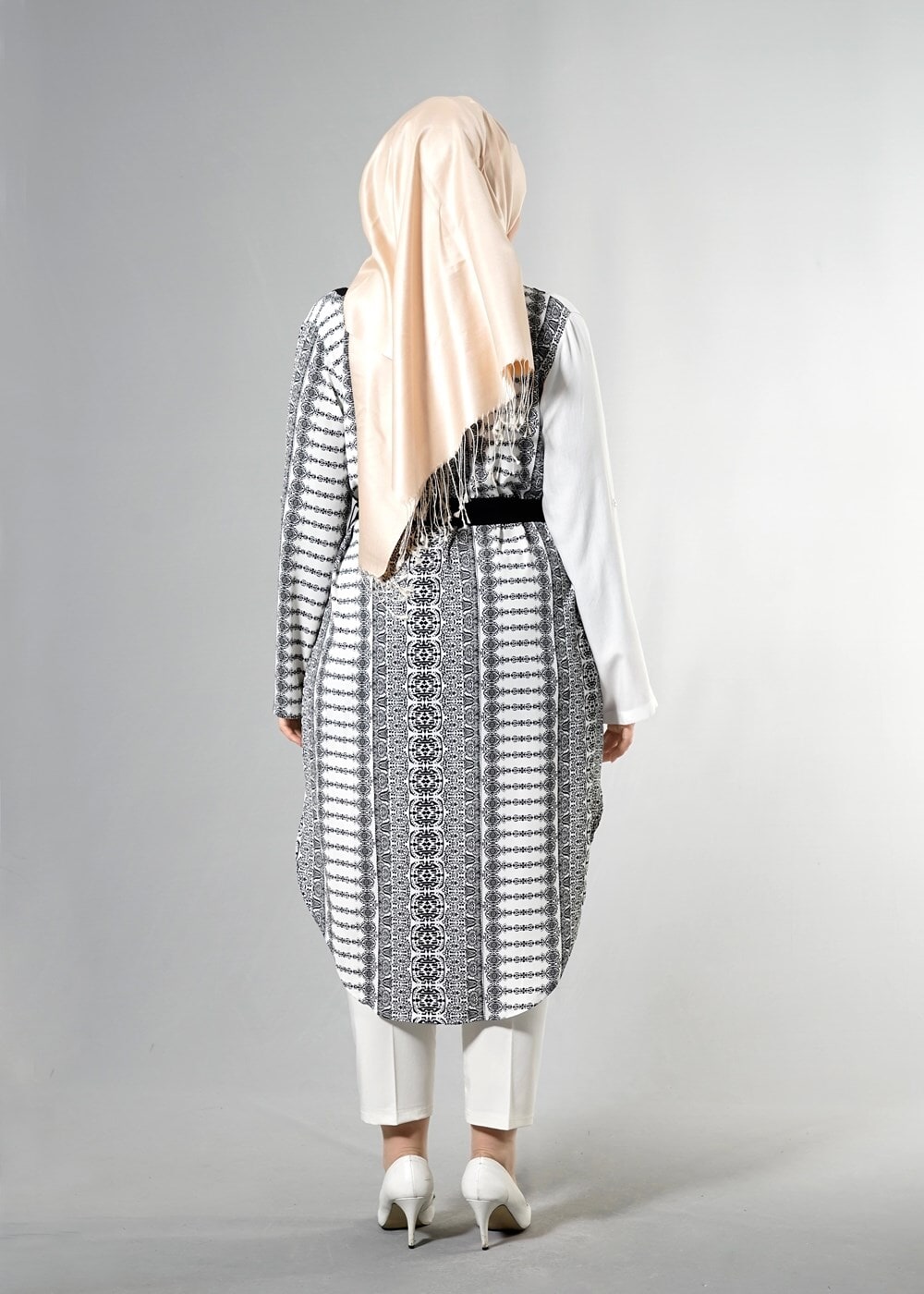 Vêtements hijab CRÈME T 3790 S_VUP  Etnik Desenli Kuşaklı Ceket