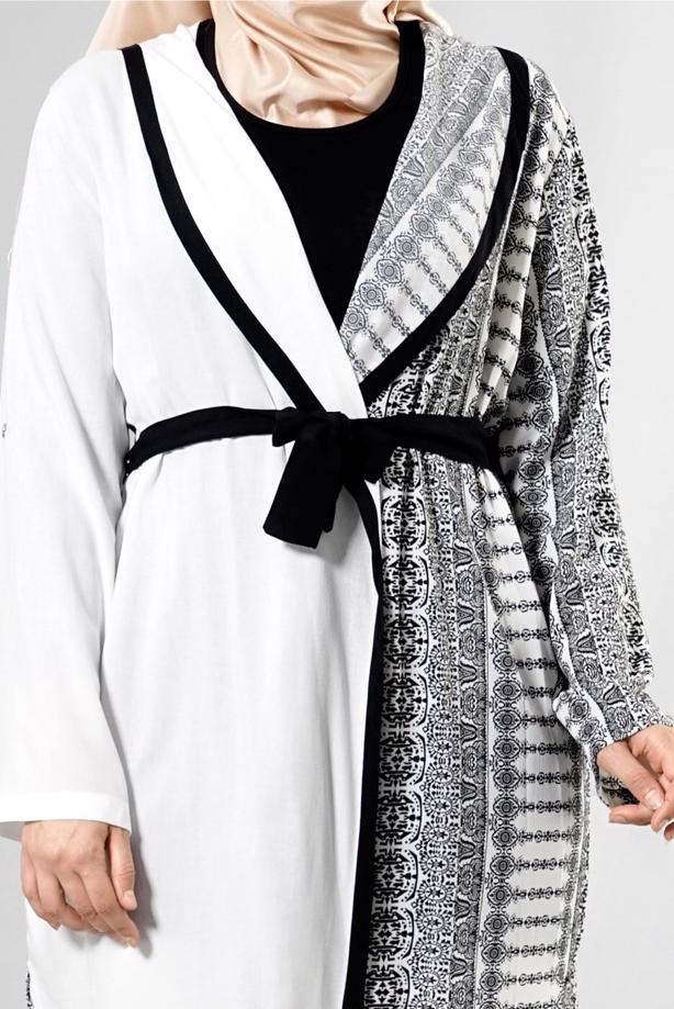 Vêtements hijab CRÈME T 3790 S_VUP  Etnik Desenli Kuşaklı Ceket - TRENDTESETTÜR