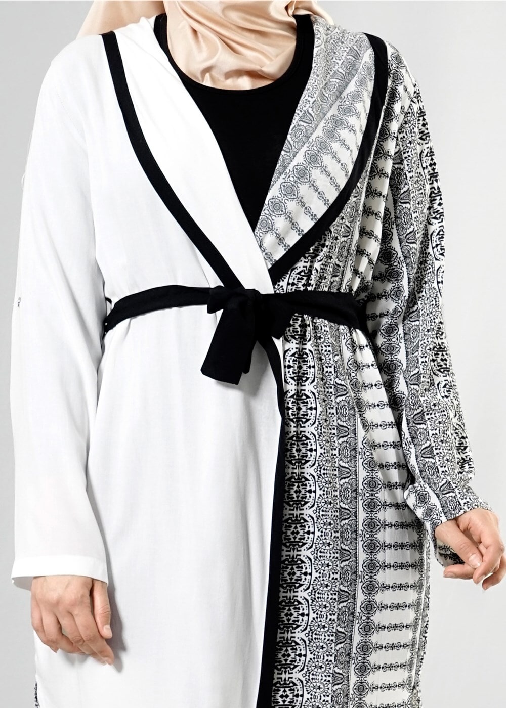 Vêtements hijab CRÈME T 3790 S_VUP  Etnik Desenli Kuşaklı Ceket