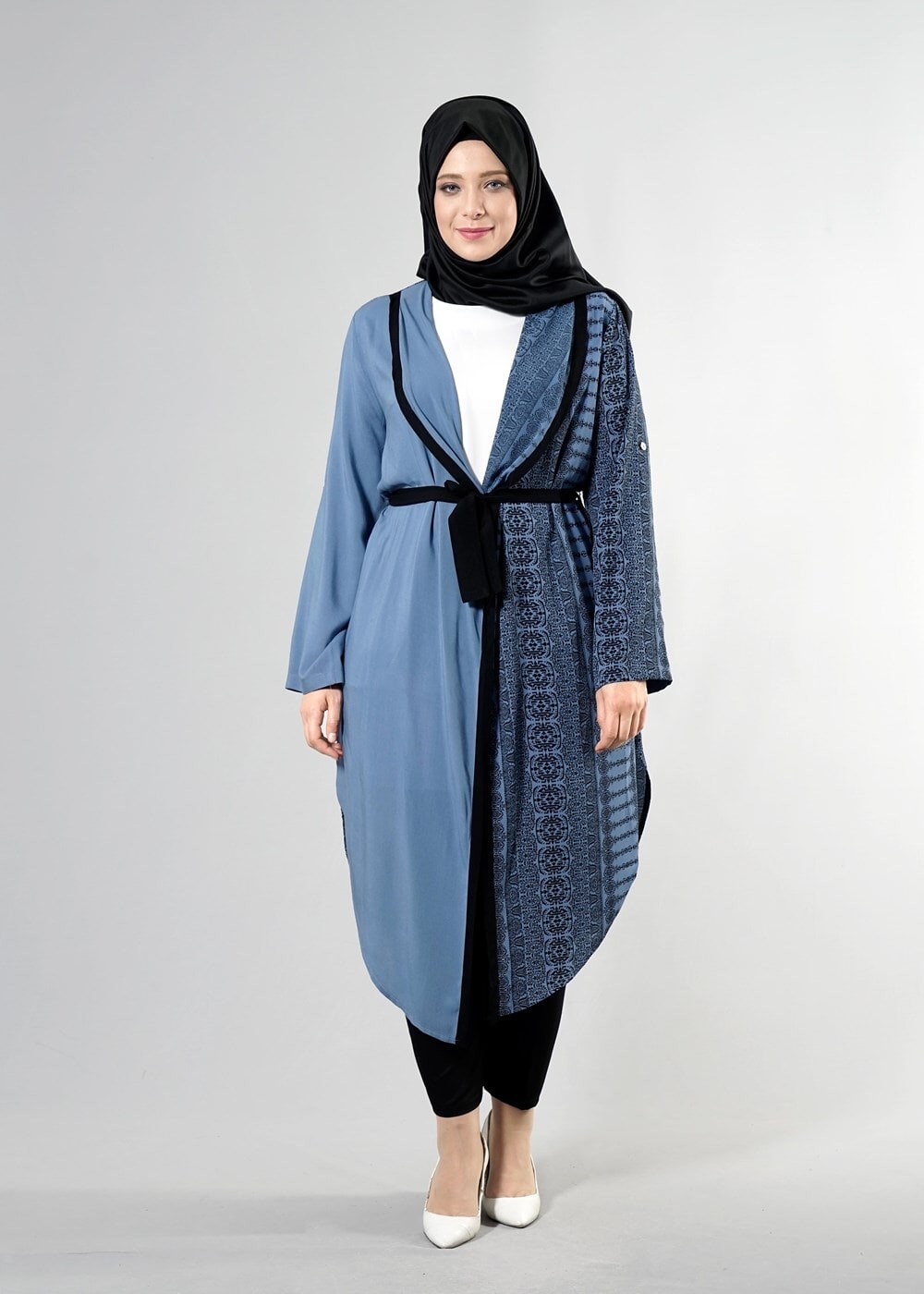 Hijab clothing NAVY BLUE T 3790 S_VUP  Etnik Desenli Kuşaklı Ceket
