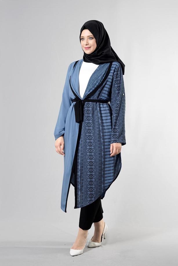 Vêtements hijab BLEU MARINE T 3790 S_VUP  Etnik Desenli Kuşaklı Ceket - TRENDTESETTÜR