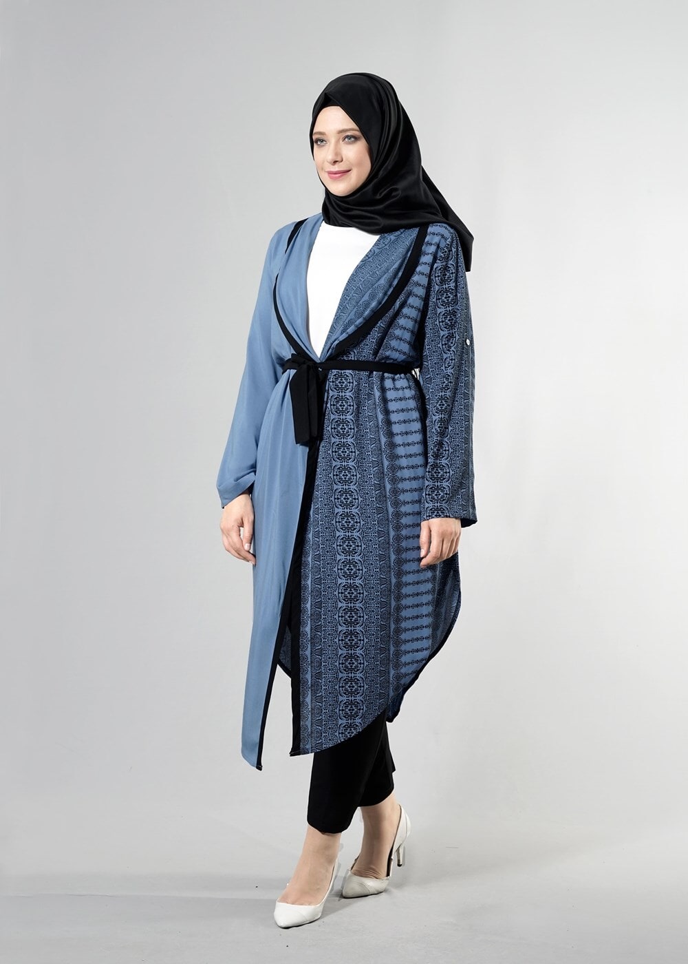Hijab clothing NAVY BLUE T 3790 S_VUP  Etnik Desenli Kuşaklı Ceket