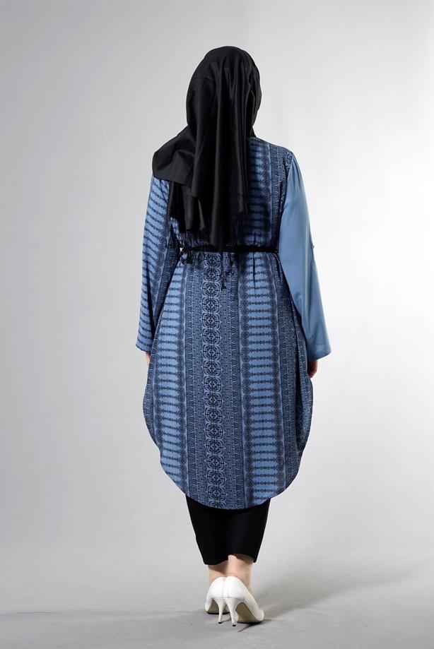 Vêtements hijab BLEU MARINE T 3790 S_VUP  Etnik Desenli Kuşaklı Ceket - TRENDTESETTÜR