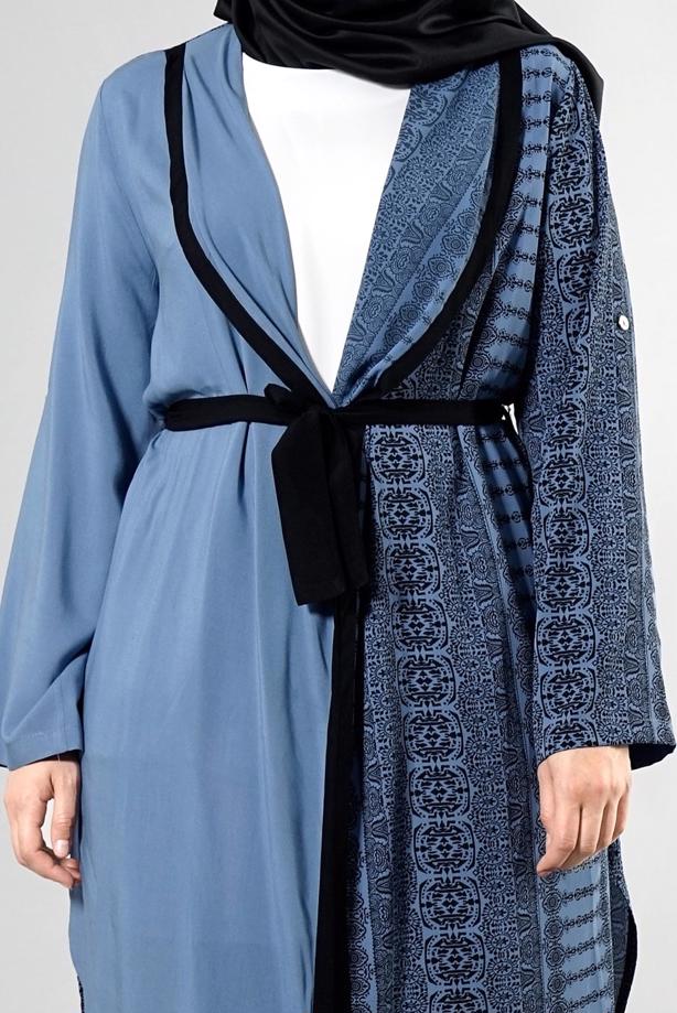 Vêtements hijab BLEU MARINE T 3790 S_VUP  Etnik Desenli Kuşaklı Ceket - TRENDTESETTÜR