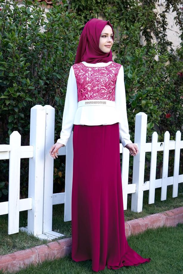 Vêtements hijab FUCHSIA ROBE DE SOIRÉE MOTIF DÉTAIL BIJOU T 3140 - TRENDTESETTÜR