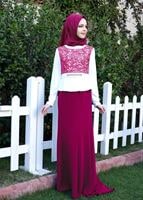 Tesettür giyim FUŞYA DESENLİ TAŞ DETAYLI ABİYE ELBİSE T 3140