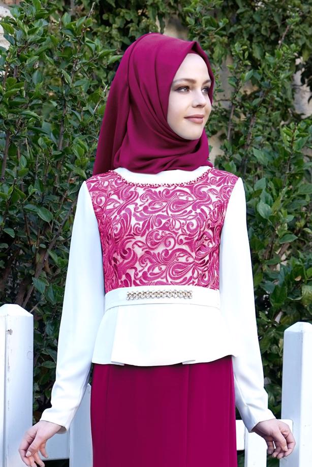 Vêtements hijab FUCHSIA ROBE DE SOIRÉE MOTIF DÉTAIL BIJOU T 3140 - TRENDTESETTÜR