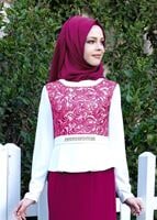 Tesettür giyim FUŞYA DESENLİ TAŞ DETAYLI ABİYE ELBİSE T 3140