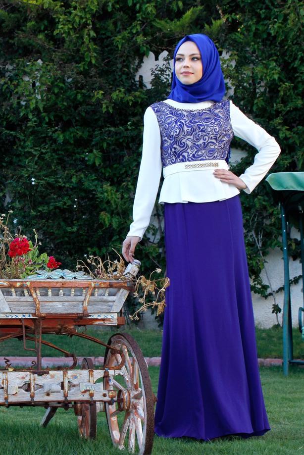 Vêtements hijab BLEU MARINE ROBE DE SOIRÉE MOTIF DÉTAIL BIJOU T 3140 - TRENDTESETTÜR