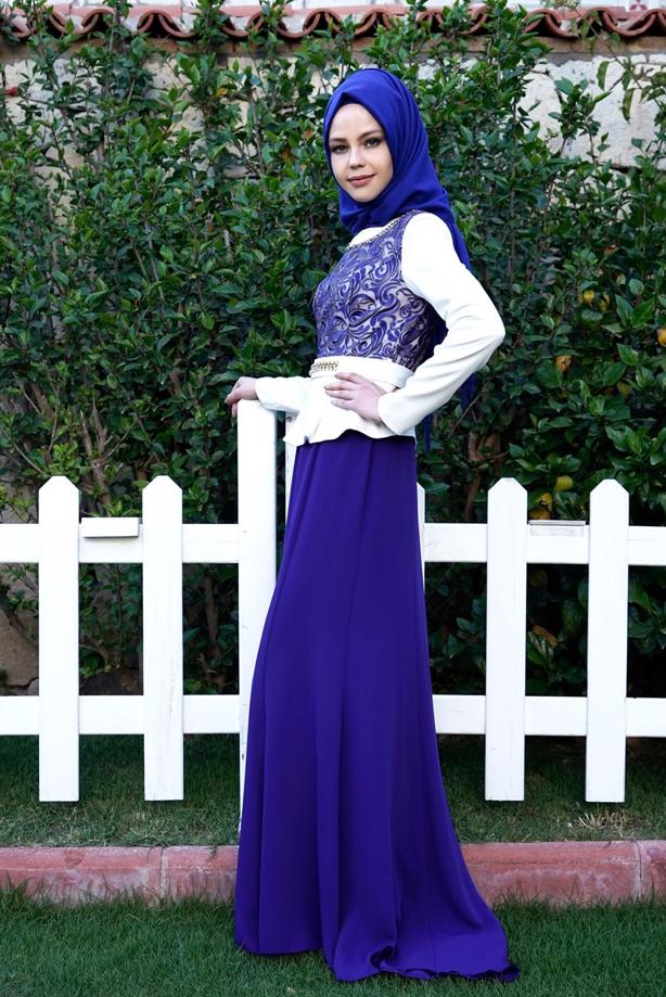 Vêtements hijab BLEU MARINE ROBE DE SOIRÉE MOTIF DÉTAIL BIJOU T 3140 - TRENDTESETTÜR