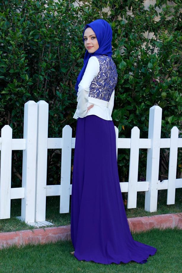 Vêtements hijab BLEU MARINE ROBE DE SOIRÉE MOTIF DÉTAIL BIJOU T 3140 - TRENDTESETTÜR