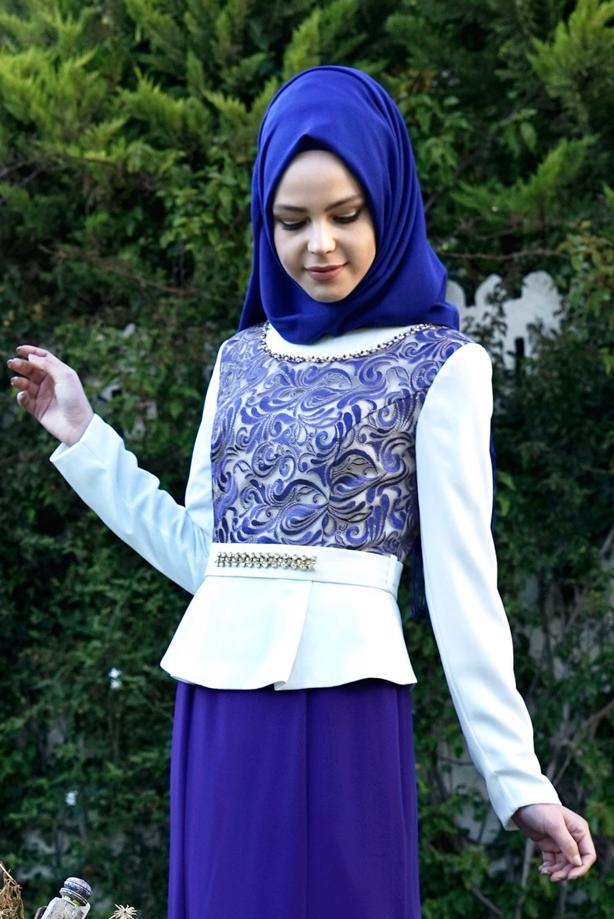 Vêtements hijab BLEU MARINE ROBE DE SOIRÉE MOTIF DÉTAIL BIJOU T 3140 - TRENDTESETTÜR