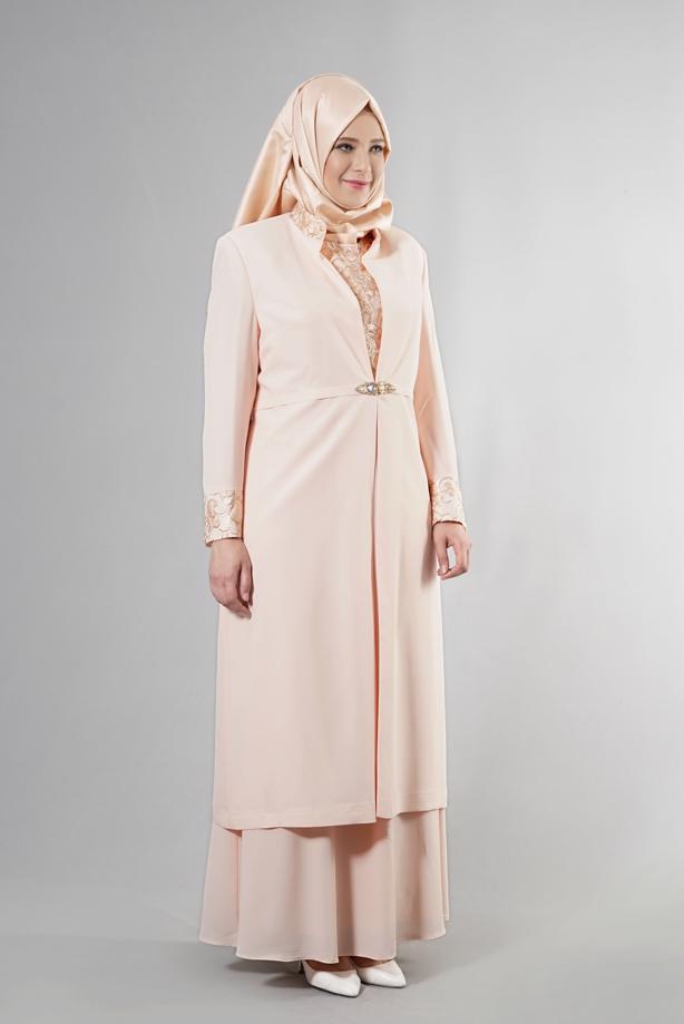 Hijab clothing POWDER GUIPURE DETAIL DRESS SUIT 3096 - TRENDTESETTÜR