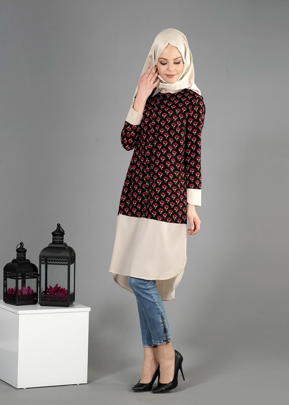 Tesettür giyim SİYAH T 4776 Emp.Crep Tesettür Tunik-Alv Fashion