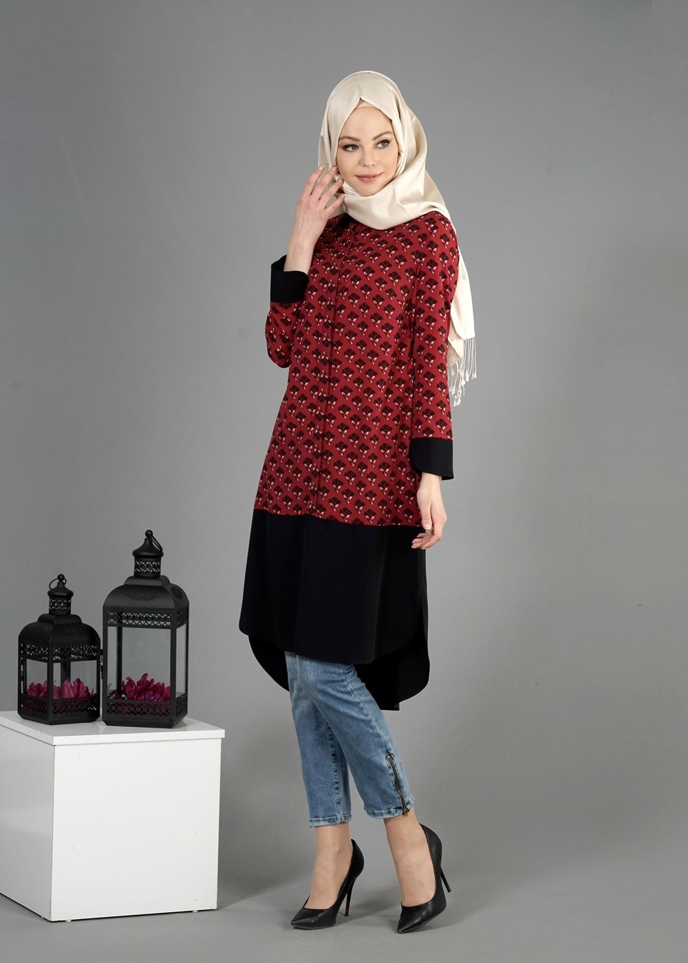 Tesettür giyim BORDO T 4776 Emp.Crep Tesettür Tunik-Alv Fashion