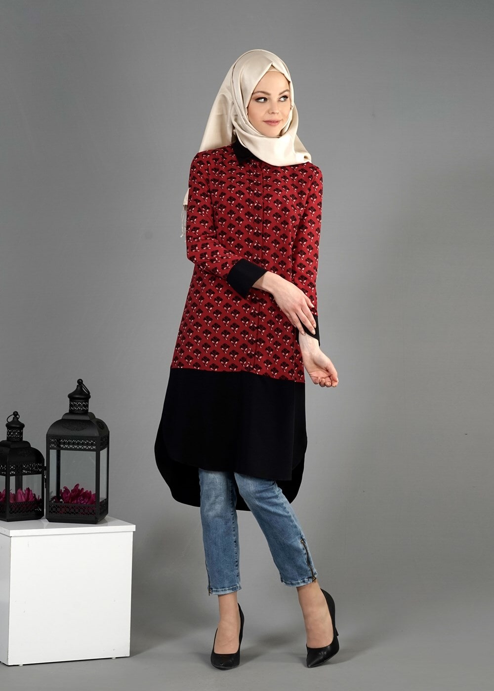 Tesettür giyim BORDO T 4776 Emp.Crep Tesettür Tunik-Alv Fashion