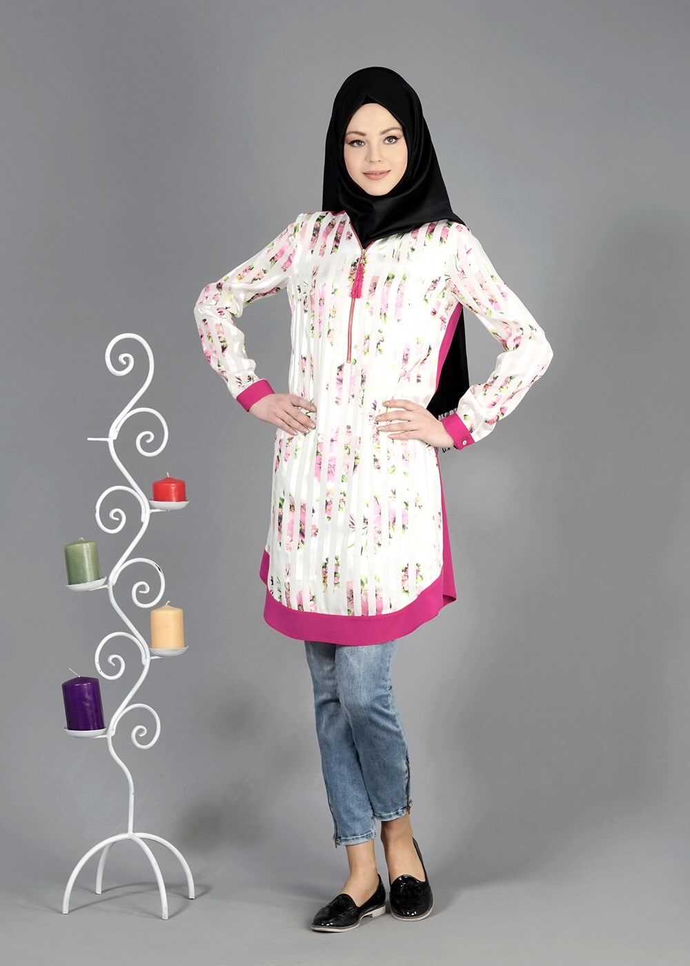 Tesettür giyim FUŞYA T 4958 Yakma Tesettür Tunik-Alv Fashion