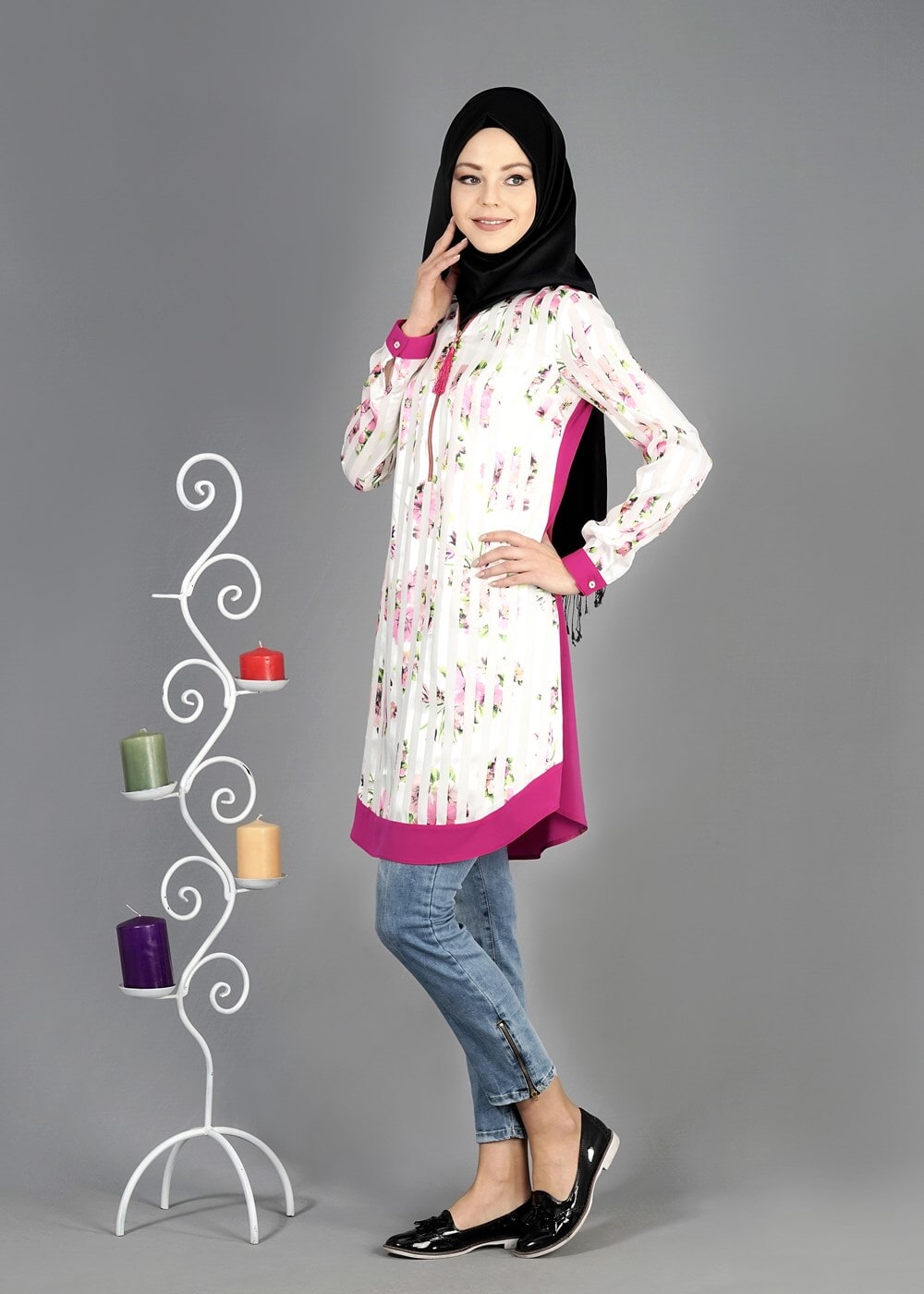Tesettür giyim FUŞYA T 4958 Yakma Tesettür Tunik-Alv Fashion