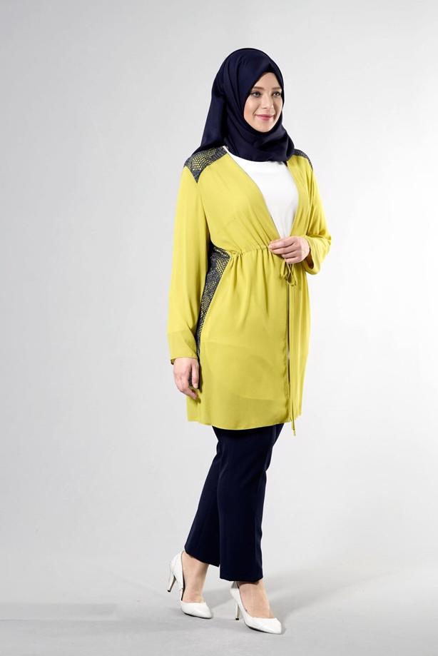 Vêtements hijab VERT T 2516 Port  Crep  Düz Tesettür Ceket-Alv Fashion - TRENDTESETTÜR
