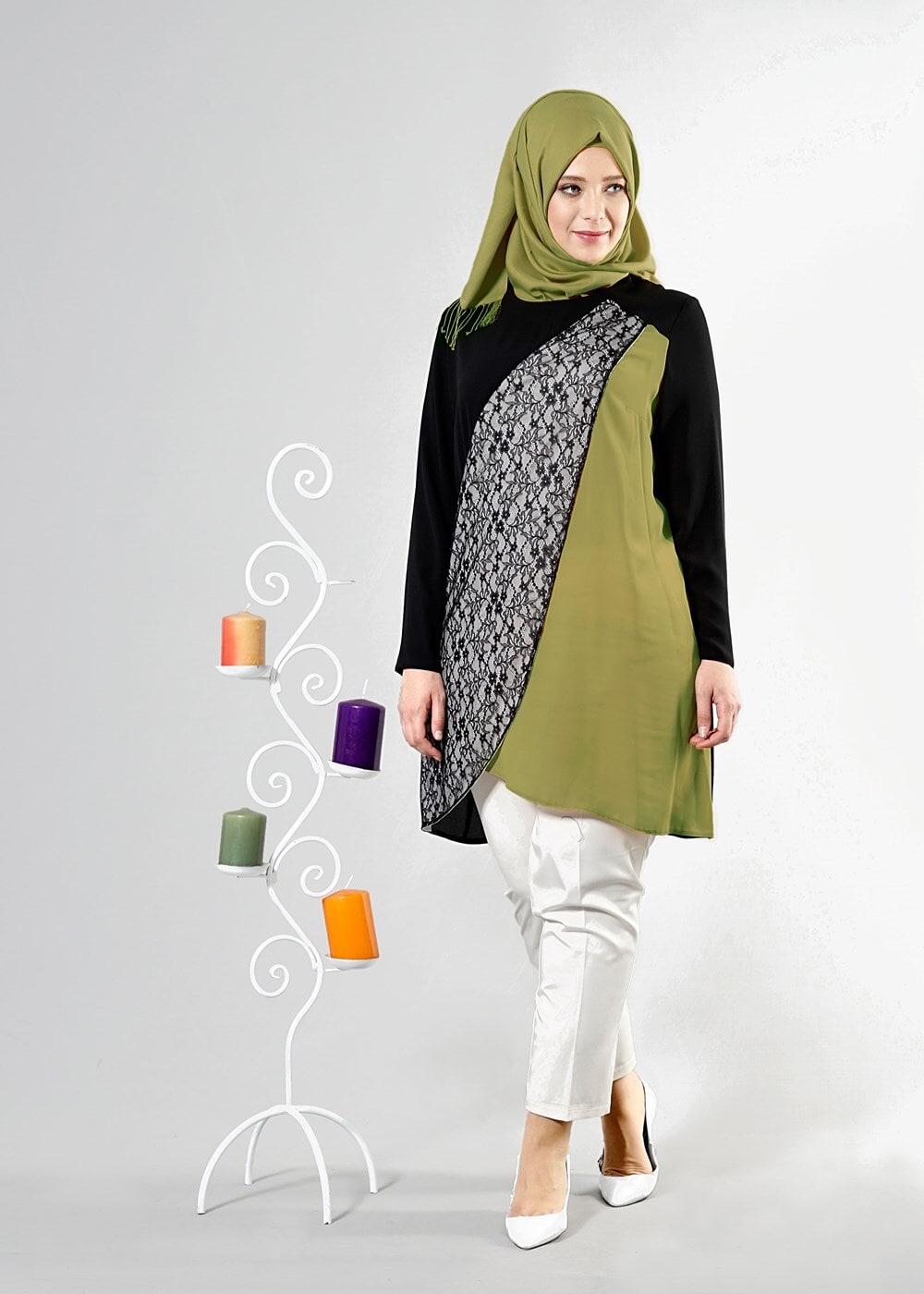 Tesettür giyim YEŞİL T 2517 Port Crep Düz Tesettür Tunik-Alv Fashion