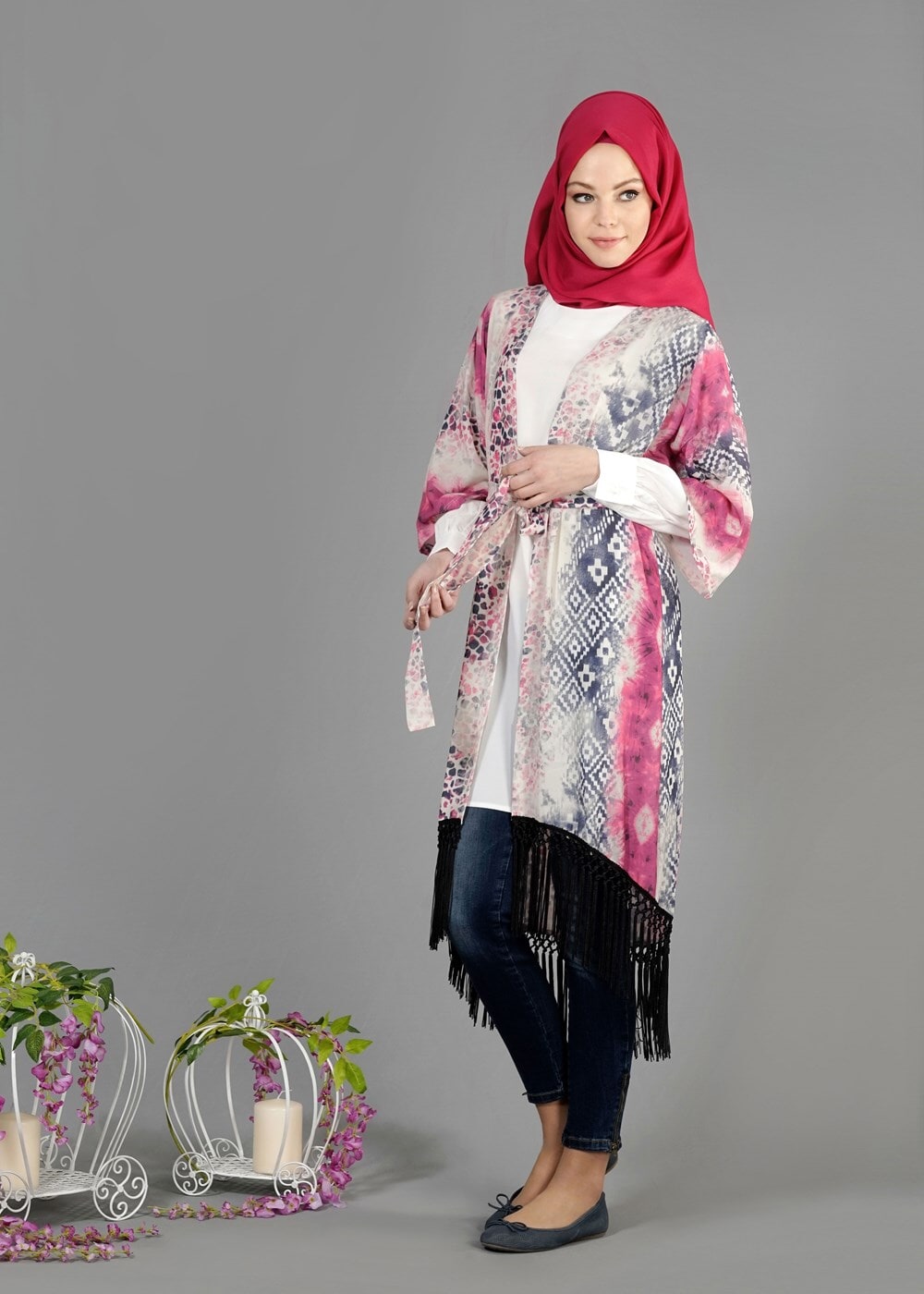 Tesettür giyim FUŞYA PÜSKÜL DETAYLI DESENLİ TUNİK 4584 