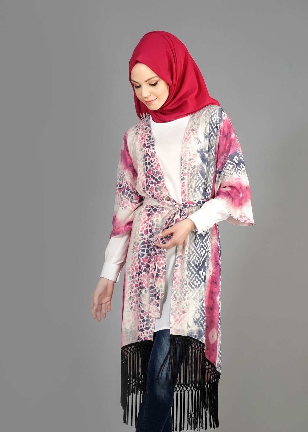 Tesettür giyim FUŞYA PÜSKÜL DETAYLI DESENLİ TUNİK 4584 