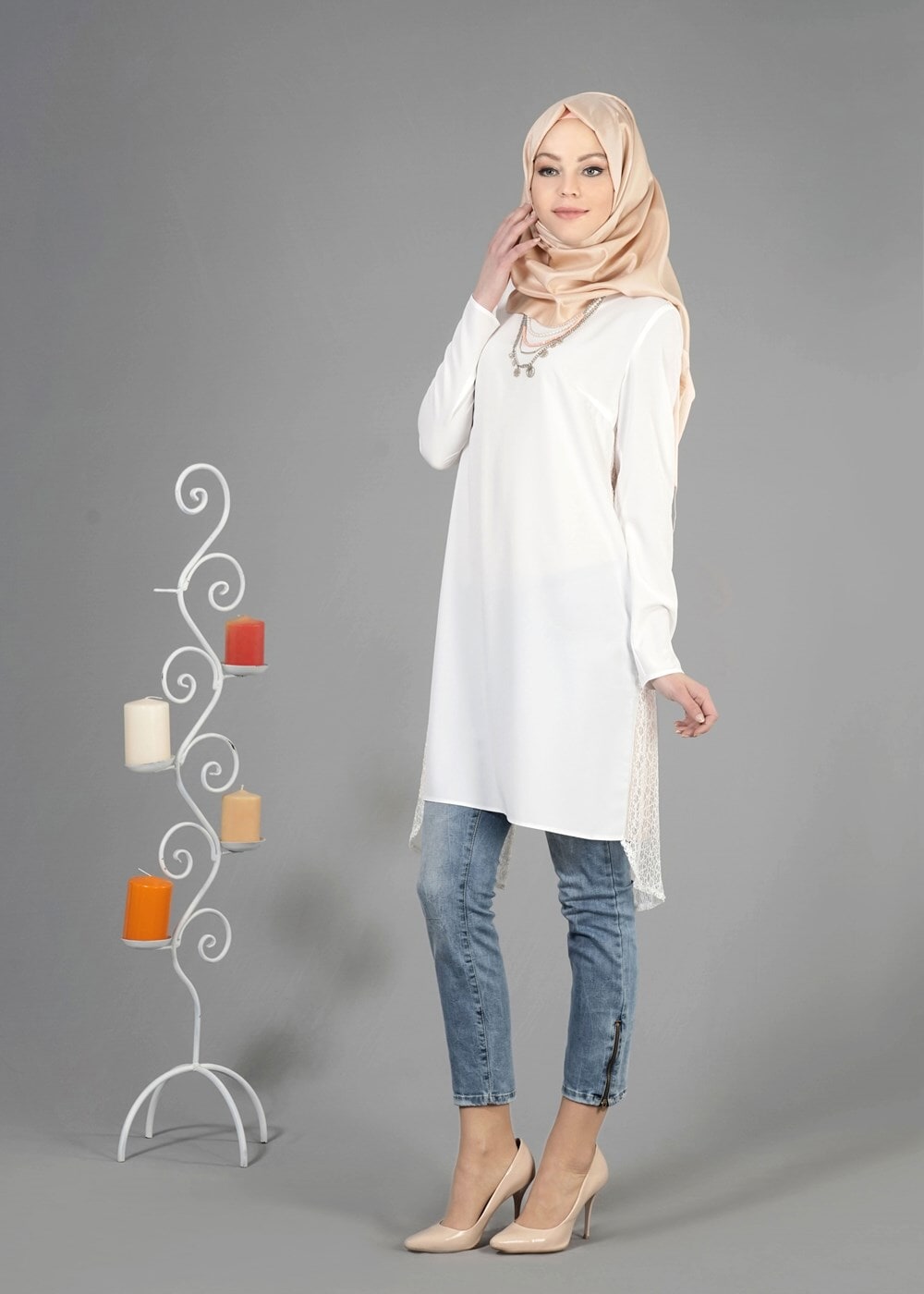 Tesettür giyim KREM T 4621 İndila Tesettür Tunik-Alv Fashion