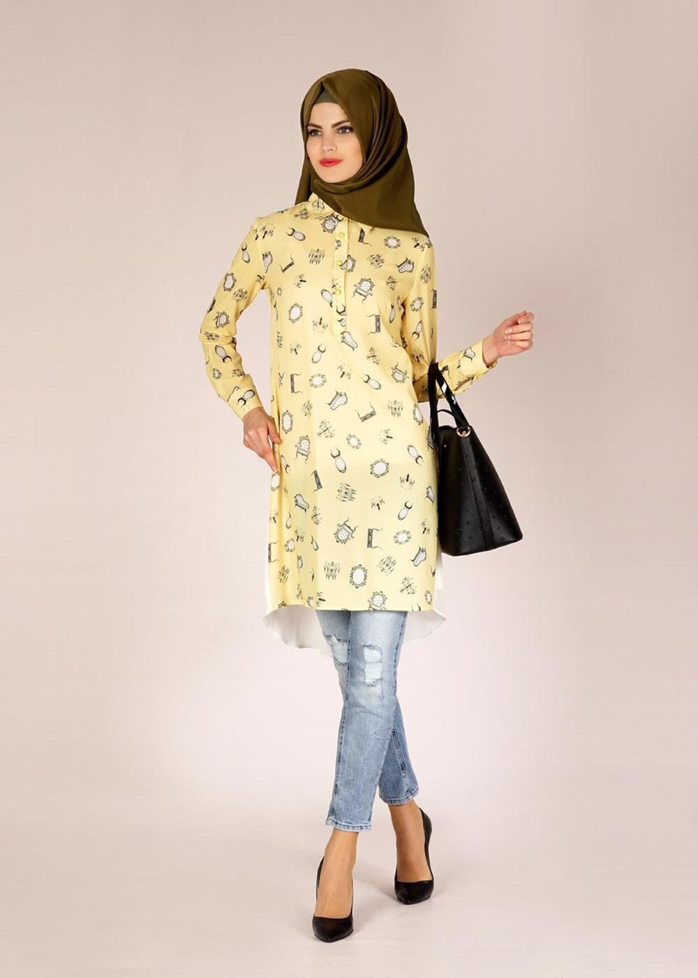 Tesettür giyim SARI ALVİNA DESENLİ TUNİK T 4624