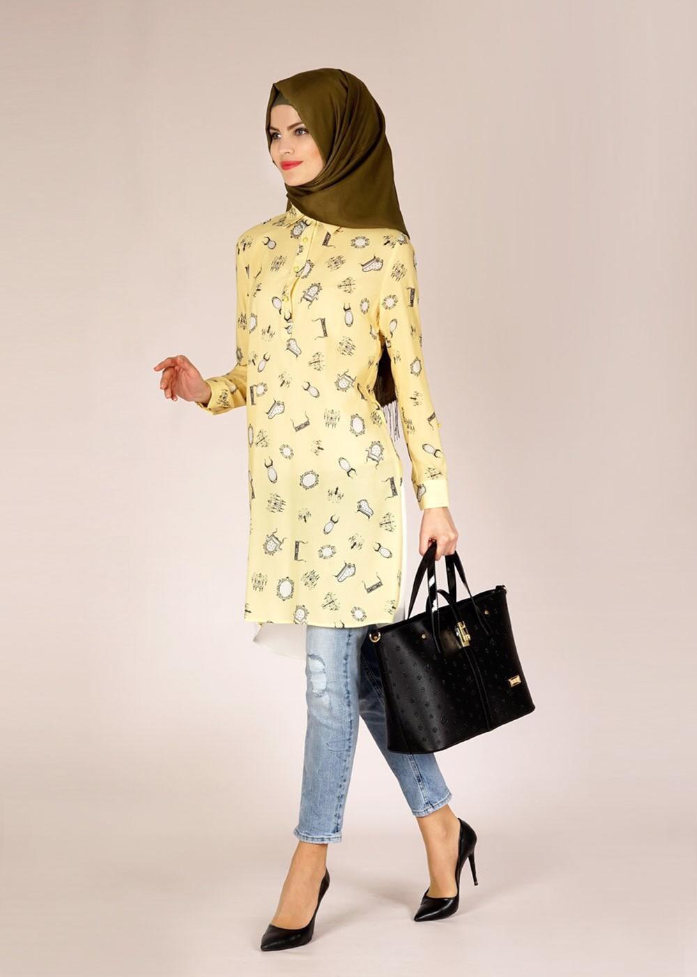 Tesettür giyim SARI ALVİNA DESENLİ TUNİK T 4624