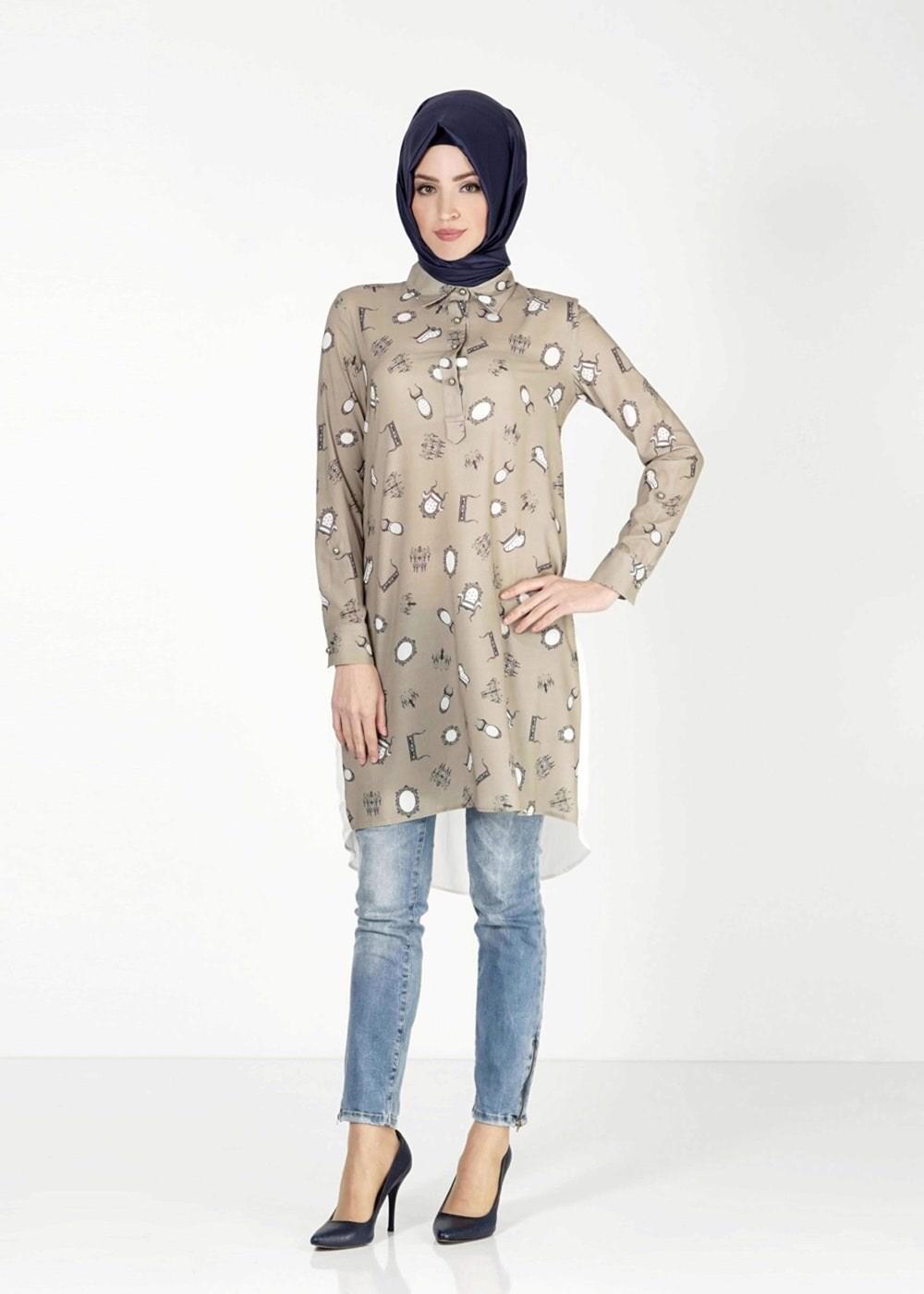 Tesettür giyim HAKİ ALVİNA DESENLİ TUNİK T 4624