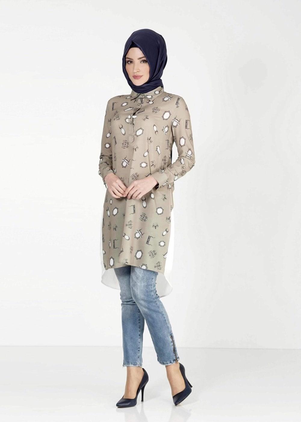 Tesettür giyim HAKİ ALVİNA DESENLİ TUNİK T 4624