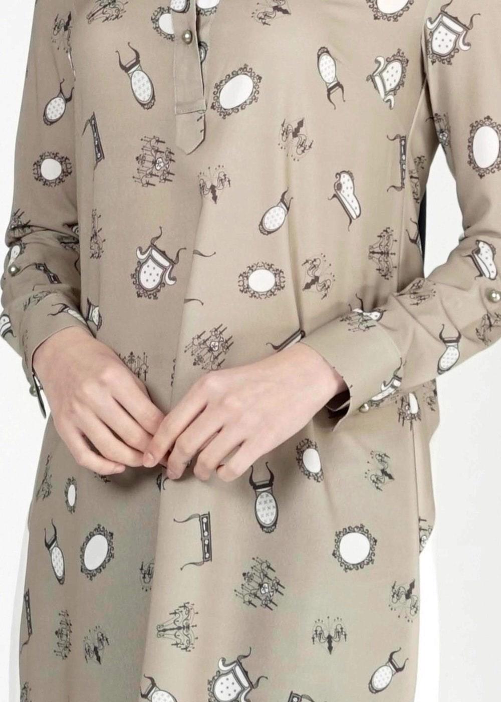 Tesettür giyim HAKİ ALVİNA DESENLİ TUNİK T 4624