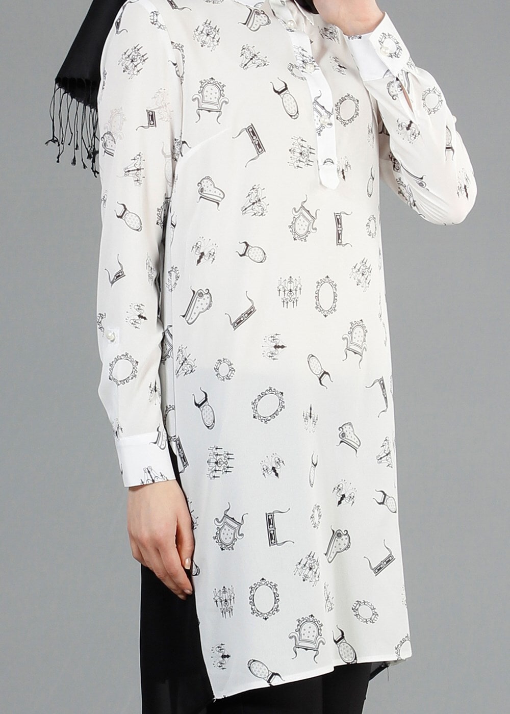 Tesettür giyim KREM ALVİNA DESENLİ TUNİK T 4624