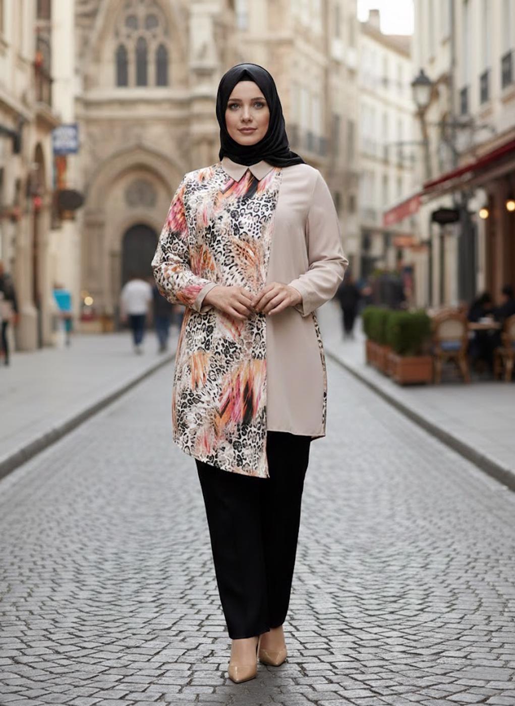 Tesettür giyim MERCAN ALVİNA DESENLİ GÖMLEK YAKA TUNİK T 4918