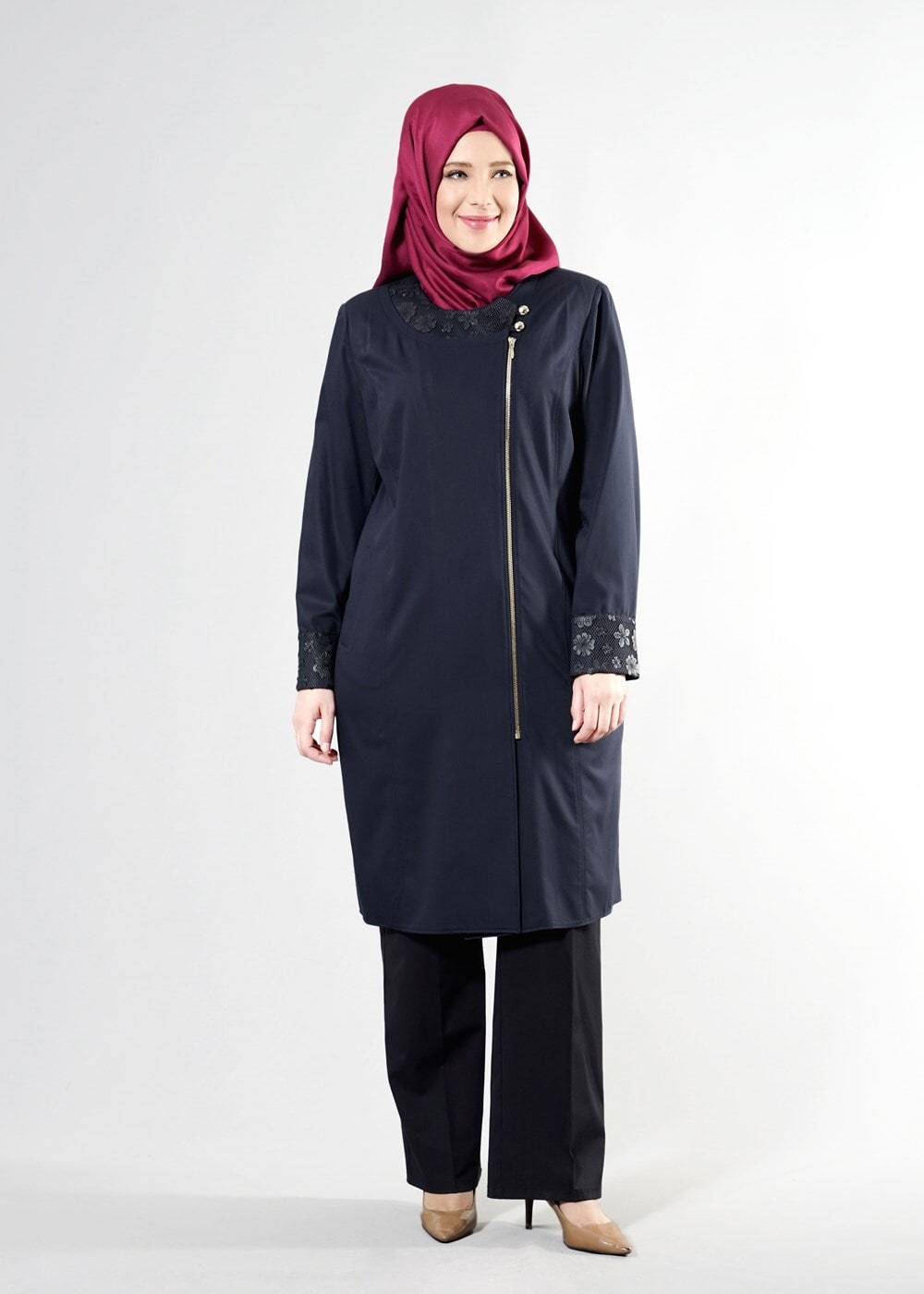 Hijab clothing NAVY BLUE T 1543 Natalia Tesettür Trench-Alv Fashion