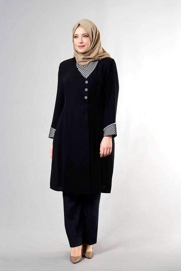 Vêtements hijab NOIR T 1587 Esma Tesettür Trench-Alv Fashion - TRENDTESETTÜR