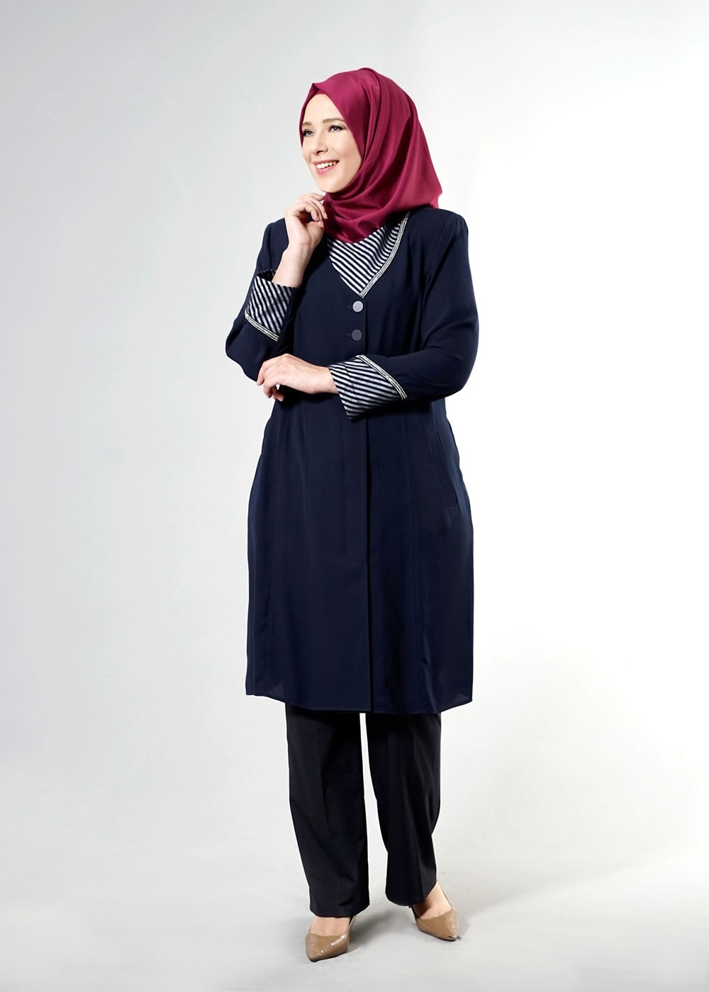 Hijab clothing NAVY BLUE T 1587 Esma Tesettür Trench-Alv Fashion